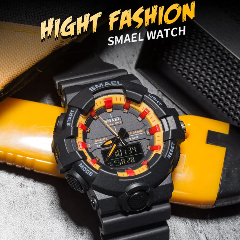 

Часы SMAEL Мужские кварцевые в стиле милитари, спортивные Водонепроницаемые светодиодные цифровые с двойным дисплеем, в стиле милитари