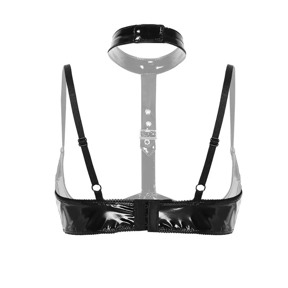 Hot Sexy Women Wet Look Patent Leather Lingerie Halter Adjustable Spaghetti Straps Open Half Cups Wire-free Erotic Bra | Тематическая