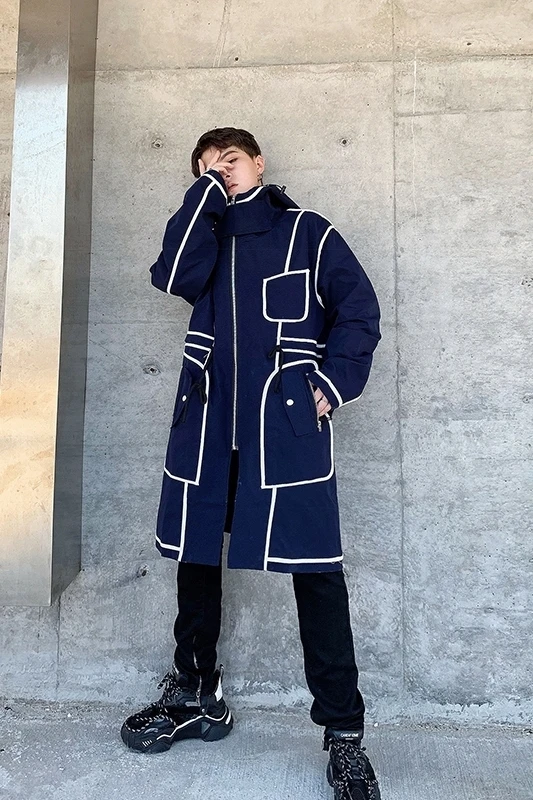 

2020 winter woolen coat Korean version loose men long section windbreaker male youth jacket trend Japan Style Striped hip hop