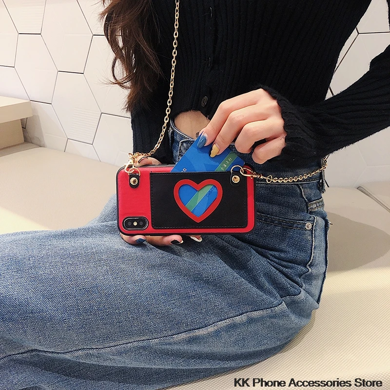 Чехол Кошелек с сердечками для iPhone X XR XS Max кожаный чехол длинной цепочкой через