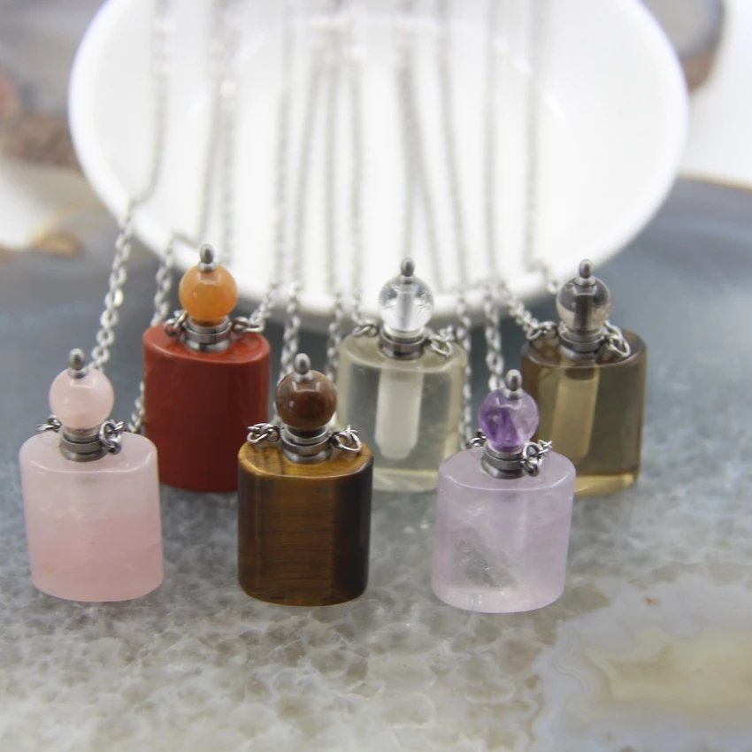 

Tiger Eye/Rose Quartzs/Amethysts Slivery Chains Perfume Bottle Pendants Necklace Charms,Rectangle Essential Oil Diffuser Vial