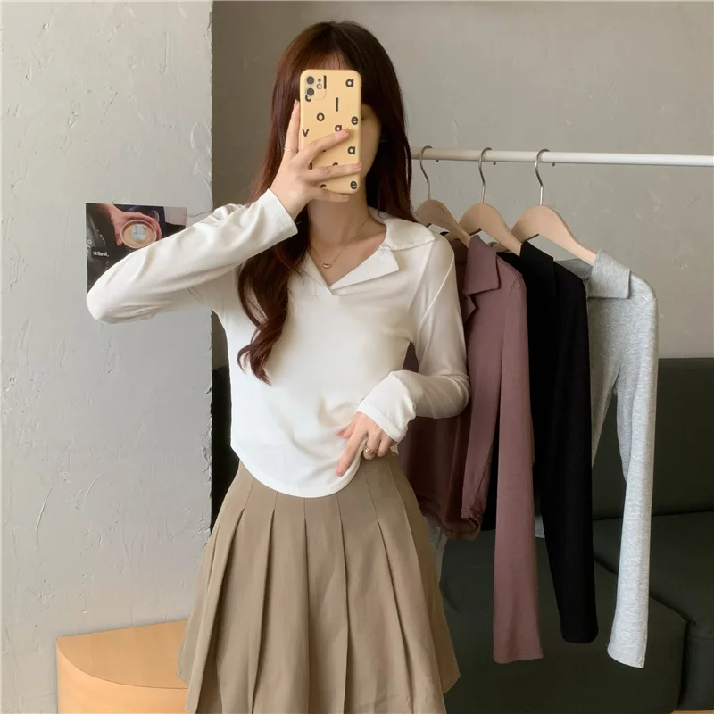 

Футболка оверсайз для приталенной рубашки, новая футболка с коротким длинным рукавом на весну и осень 2021, топ с воротником поло Ins