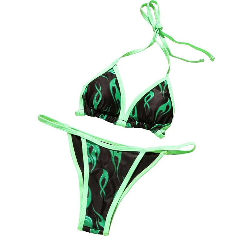 2 предмета Для женщин сексуальный комплект бикини взрослых пламя печати галстук