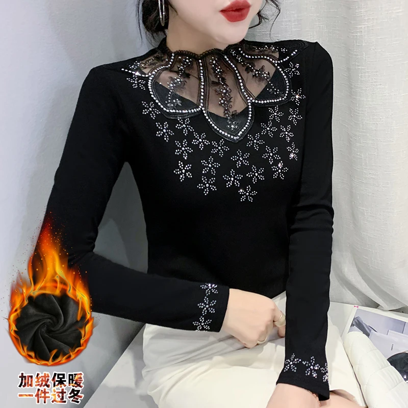 

New 2021 Winter Velvet Warm Women T-Shirt Fashion Casual Long Sleeved Driamonds Bottoming Shirt Lace Stitching Black Tops
