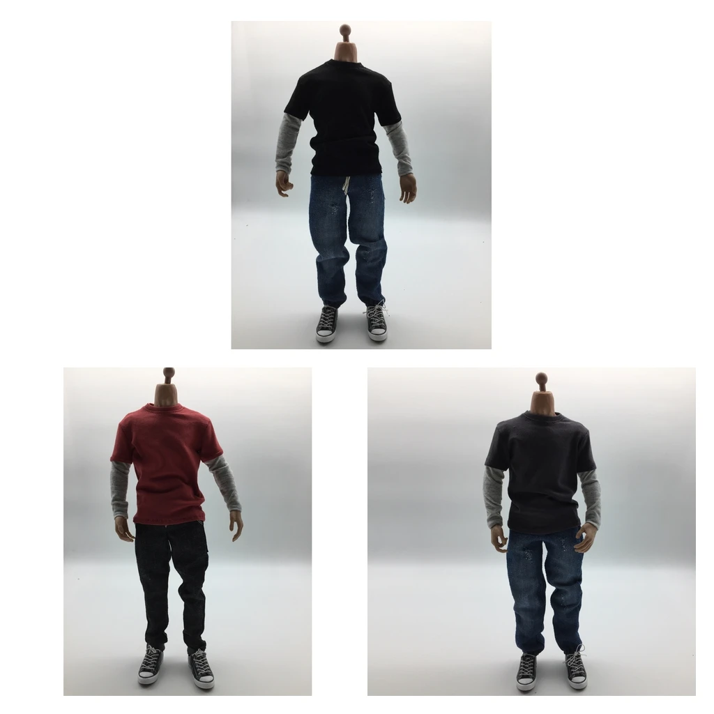 Мужская одежда в масштабе 1/6 черная длинная футболка джинсы и холщовая обувь