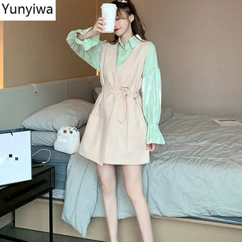 

2 Piece Set Women Solid Single Breasted Flare Sleeve Ladies Shirts+V Neck Sashes Slim Waist Vest Fashion Suits 1A507