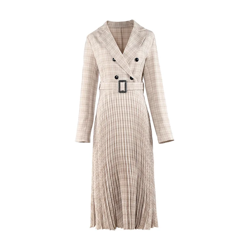 

2020 Vintage V-neck Plaid Blazer Dress Women Elegant Long Sleeve Button Pleated Office Ladies Belt Dress Autumn Winter Vestidos