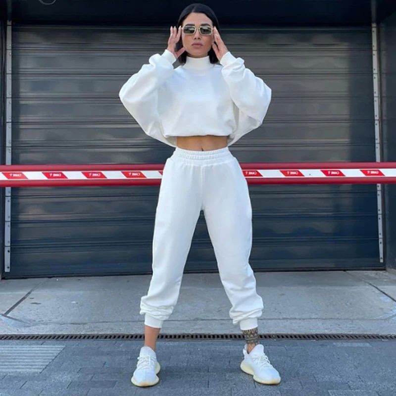 

Two Piece Set Women Clothes Joggers Tracksuit Sportswear Lounge Wear Sweat Suit Crop Top Bomber Sweatpants 2 Pcs Outfits White