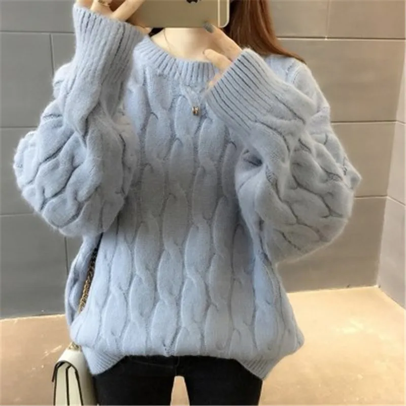 Blue O-Neck Twisted Sweater Women 2020 Autumn Winter Fashion Long Sleeve Cashmere Pullovers Female Knitted Jumper Tops PZ2530 | Женская
