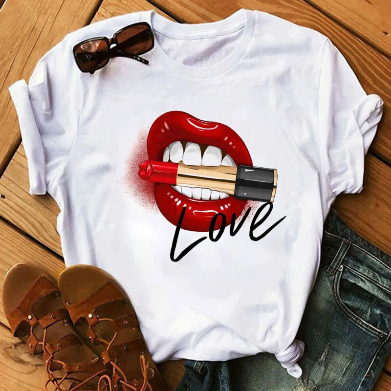 

blazing red lips Print Women T Shirt Short Sleeve O Neck Loose Women Tshirt Ladies Tee Shirt Tops Clothes Camisetas Mujer