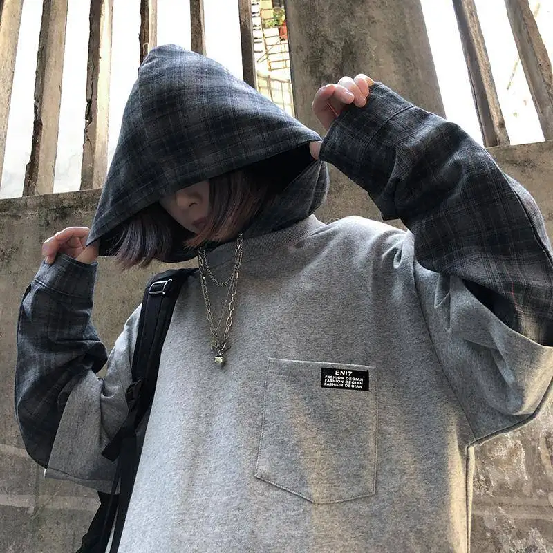 

Harajuku Japan Hoodie Sweatshirt Men Women Autumn Patchwork Plaid Hoodies Long Sleeve Pullover Loose Cute Hoodie Funny Females