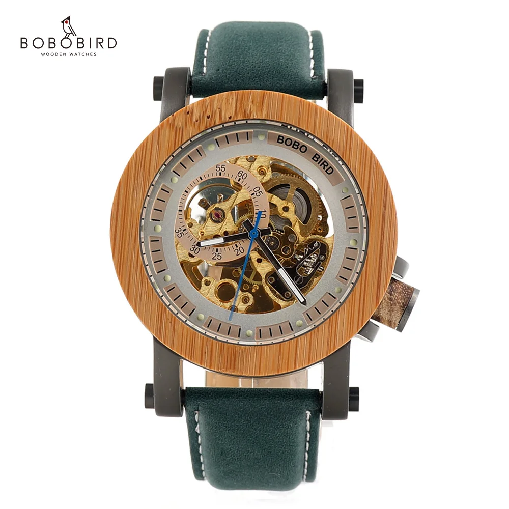 

BOBO BIRD Gear Men Watches Luxury Brand Mechanical Watch Green Genuine Leather Wooden Wristwatch relogio masculino B-K13