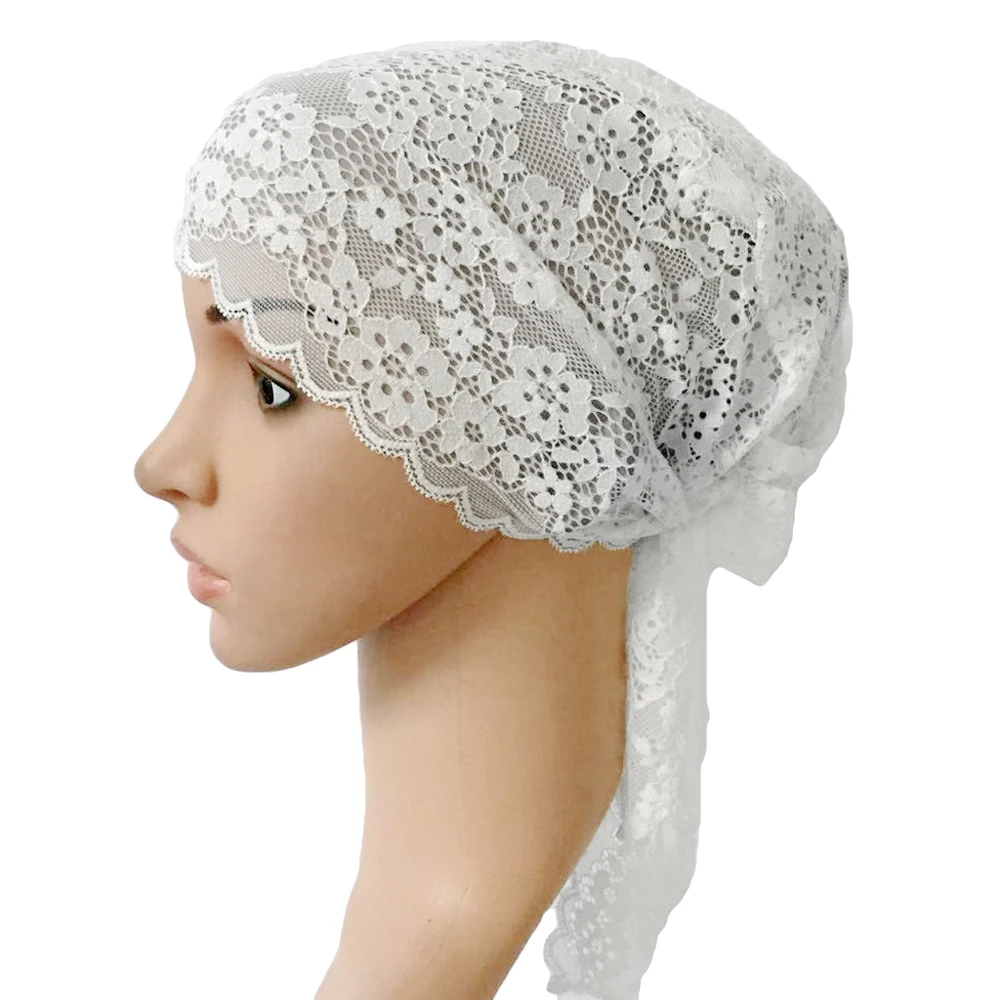 32 White Flower Women Muslim Inner Cap Lace Head Wrap Cover Scarf Islamic Headwear Bonnet Hat Skullies Beanies Hair Loss Fashion - Цвет: 32 White
