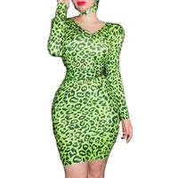 diamonds green leopard printed long sleeve mini party dresses v neck bodycon sexy nightclub dress singer stage dance costumes