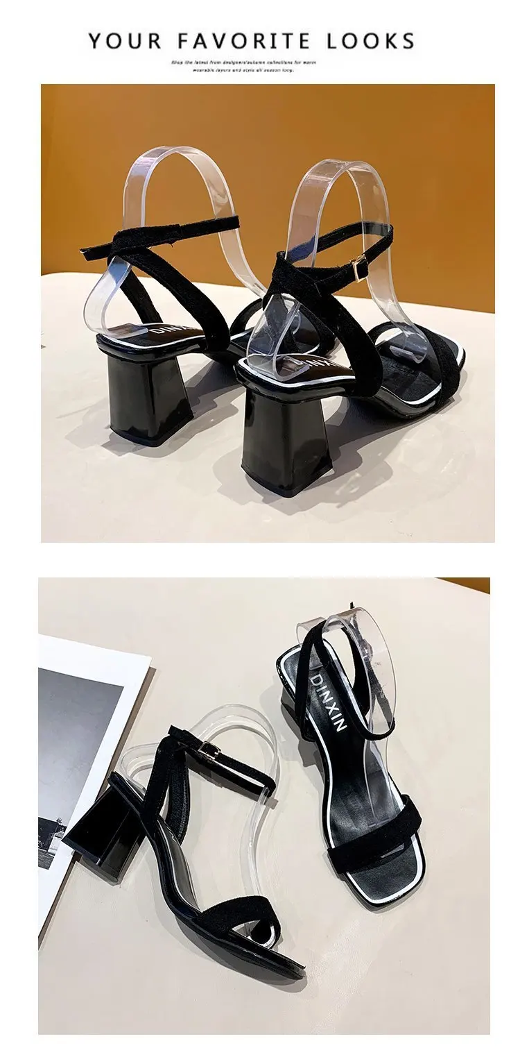 

French One Line Sandal Girl 2021 New Summer Fashion Fairy Wind Net Red Diamond Thick Heel Black High Heel Shoes