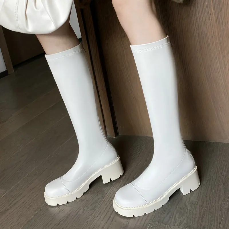 

Fashion Autumn Knee High Boots Women Faux Leather Platform Thick Heel Motorcycle Boots Slip On Round Toe Winter Woman;s Boots