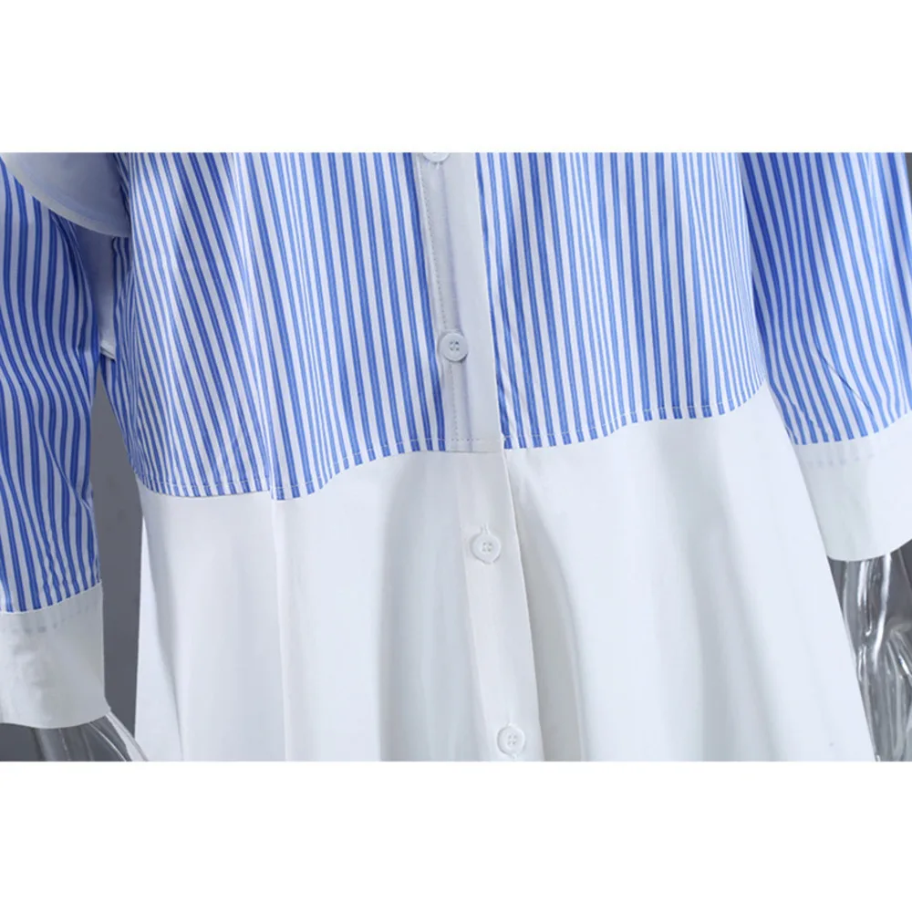 

Mozision Patchwork Stripe Shirt Dress For Women Lapel Single Breasted Mid-length Dresses Female 2021 Spring New Shirt Dress