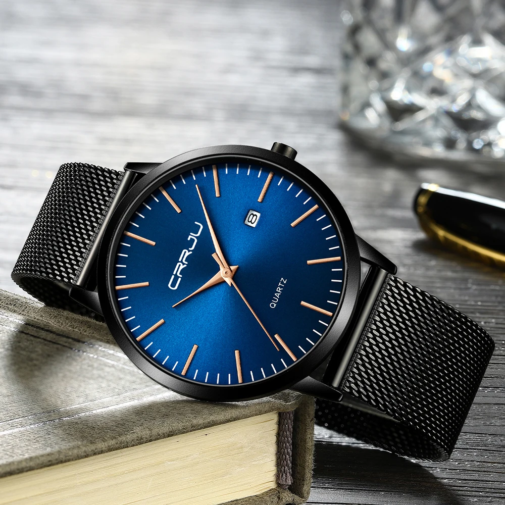 Часы мужские часы CRRJU ультратонкие минималистичные модные простые наручные