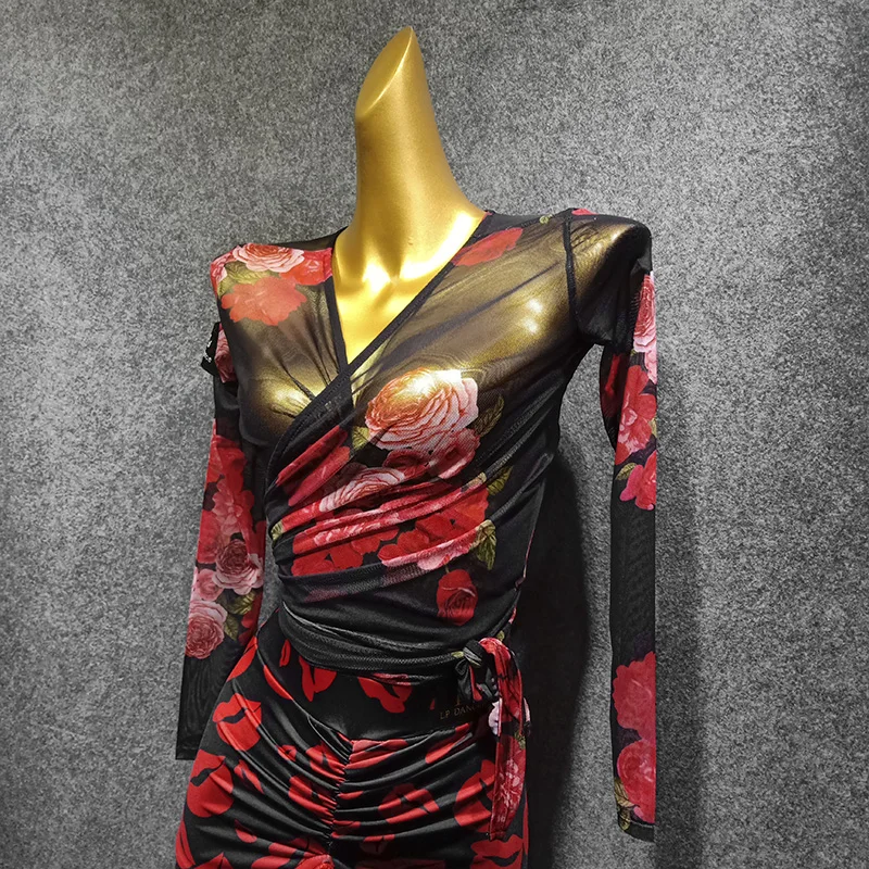 

Latin Dance Top Lady Samba Tango Salsa Cha Cha Long Sleeve Sexy Print Practice Shirts Female Adult Performance Clothing DN4366