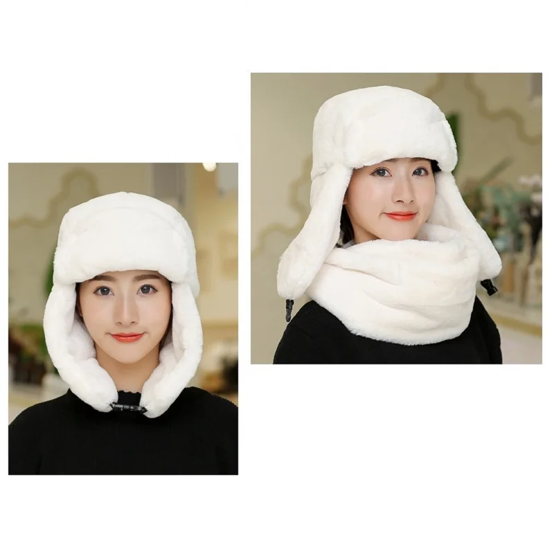 

CAMOLAND Two-piece Russian Women Thick Bomber Hats With Scarf Faux Rabbit Fur Ear Flap Snow Caps Outdoor Trapper Cap