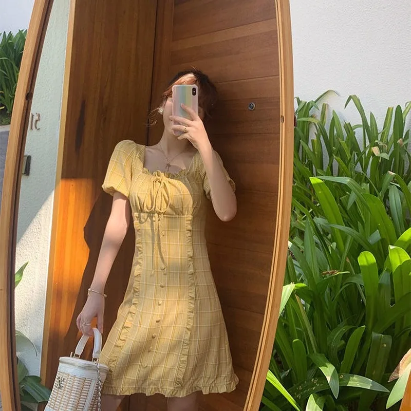 

Elegant Plaid Dress Women French Style Ruffle Chiffon Mini Dress Casual Korean Kawaii Sweet Chic Dress Women Summer Clothes 2021