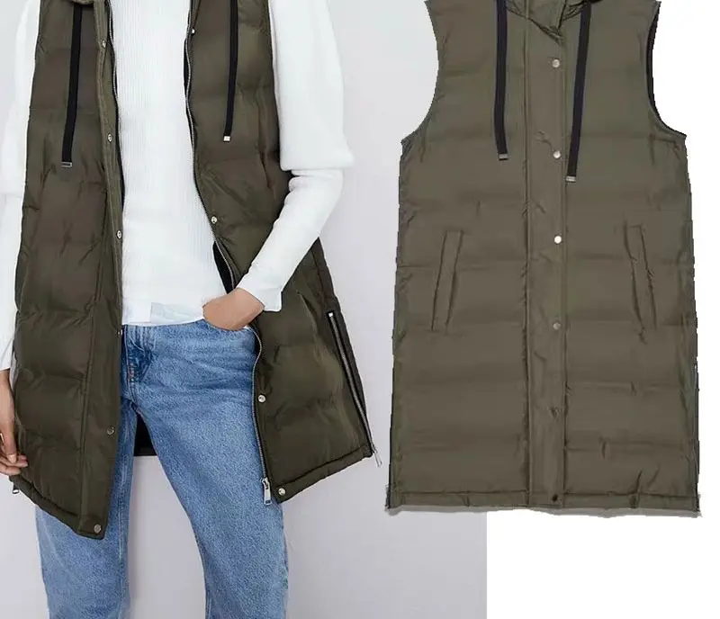 

Za Parka Women Winter Vest Side Zipper Coats 2021 Hooded Down Cotton Jacket Parkas Female Warm Thick Big Pocket Outwear