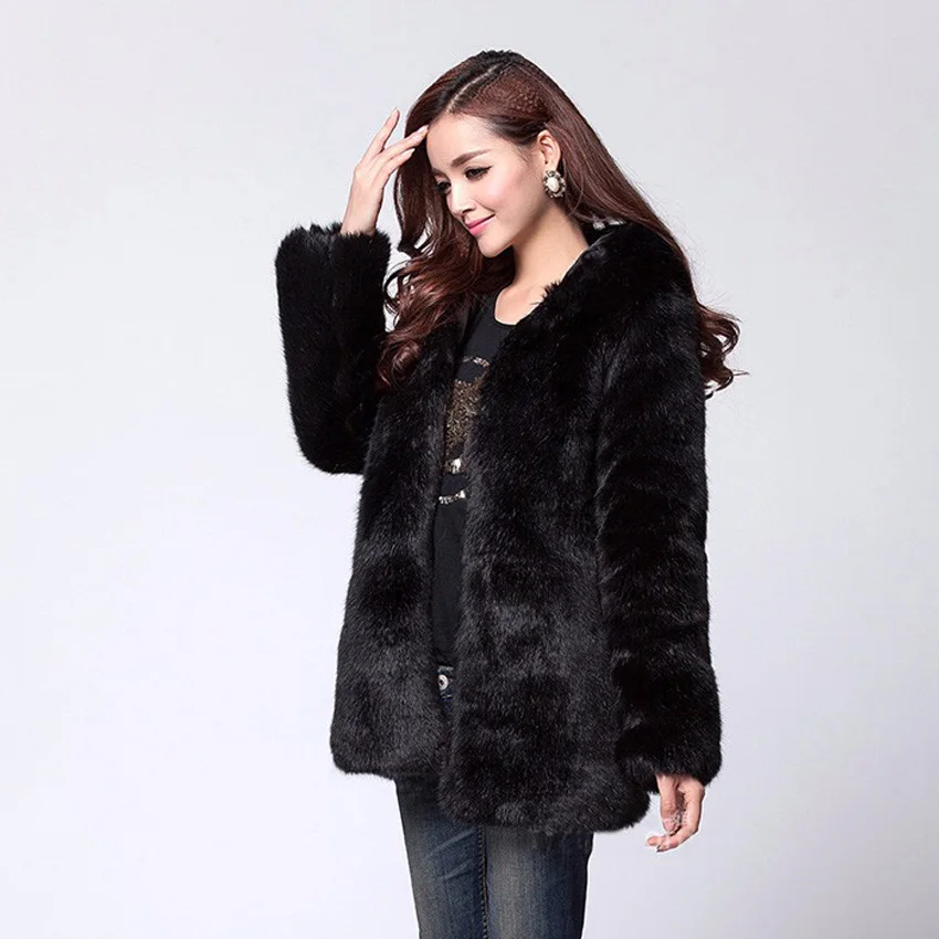 Зимнее пальто женский черный с Меховая куртка капюшоном на молнии пончо кардиган