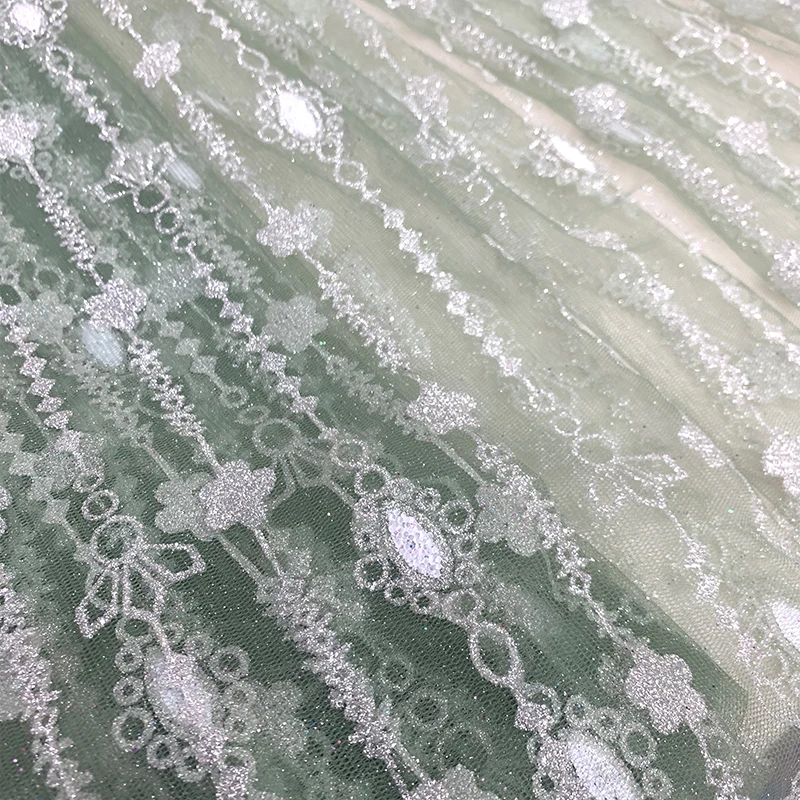 

Green/Silver African High Quality Sequence Glitter Strips Mesh French Net Lace with Full Beads Fabric 5 Yards for Sewing Dresses