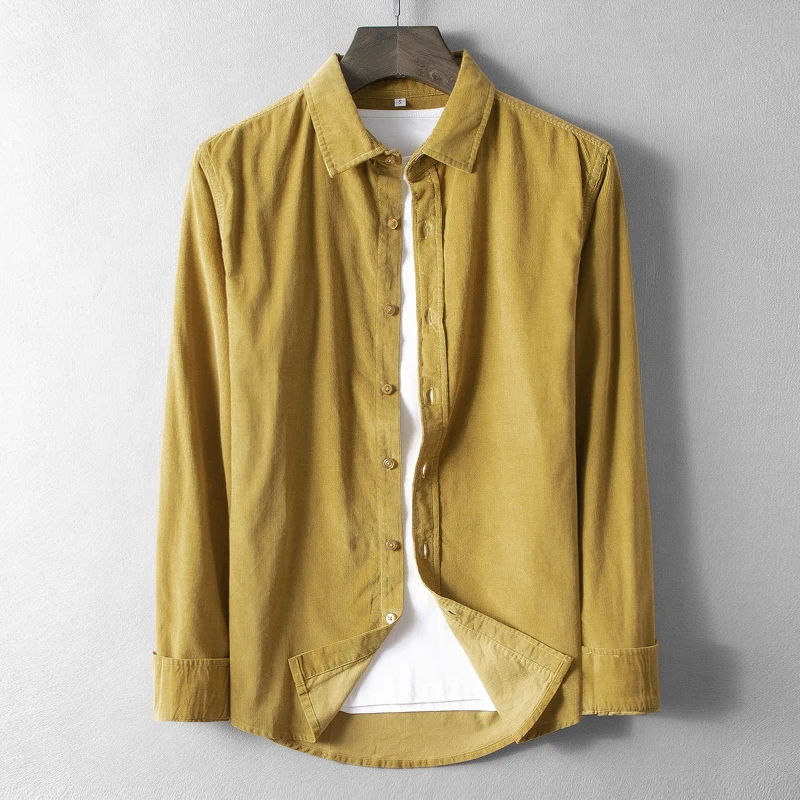 Лимонно желтый цвет мужские рубашки брендовая осенняя и весенняя рубашка для