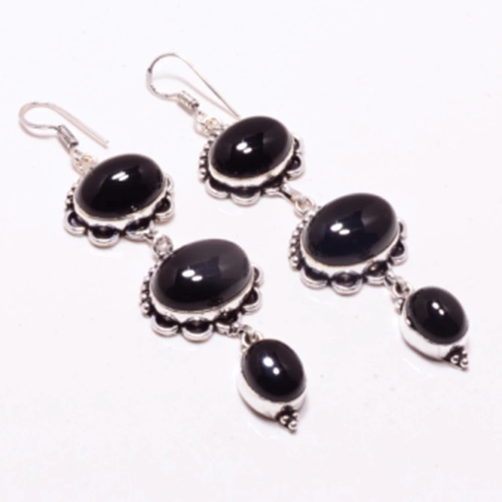 

Genuine Black Onyx Silver Overlay on Copper Earrings , Hand made Women Jewelry Gift, E5136