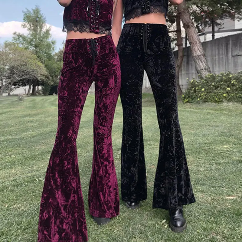 

Cozok Y2k Goth Black Flare Pants Harajuku High Waist Bandage Pants Vintage Aesthetic Velvet Women Trousers Streetwear Pants