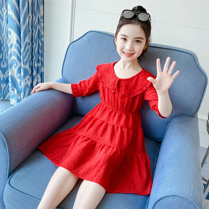 

Summer Lapel Collar Half Sleeve Girl Plus Size Dress Red Yellow Dress Baby Girl Party Children's Clothing For Summer New 2021