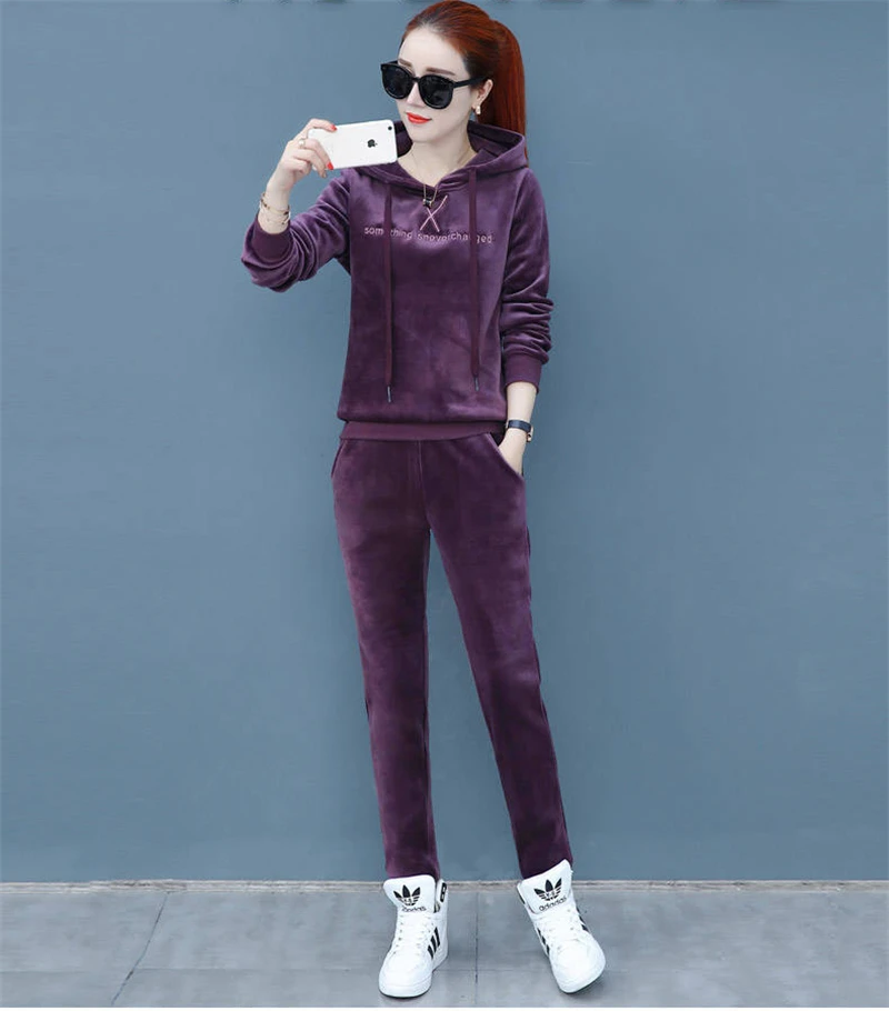 Matching Sets Autumn Plus Size Casual Loose Velvet Tracksuits 2 Pieces Set Women High Elastic Hooded Sweatshirts And Harem Pants