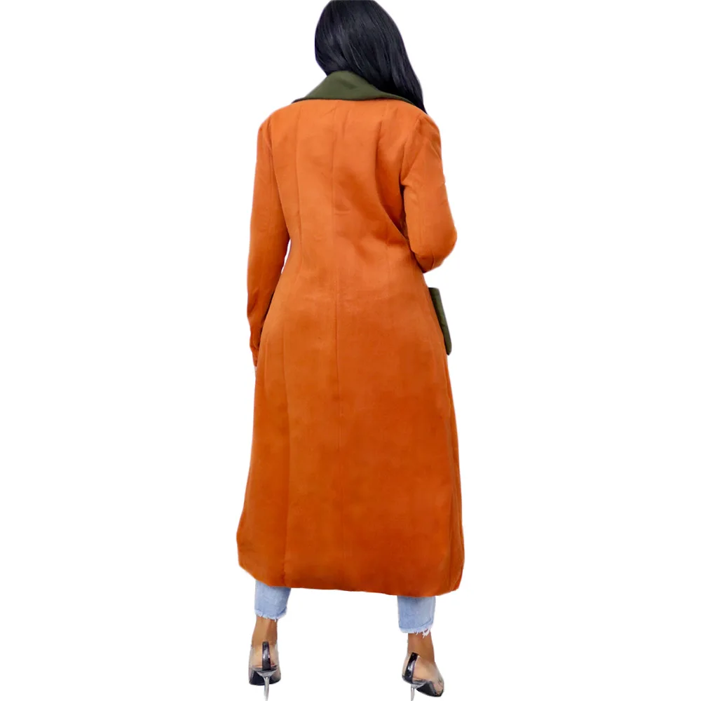 

Color Blocking Patchwork Long Trench Coat Autumn Winter Clothing for Women Turn Down Collar Long Sleeve Pockets Sashes Outwears