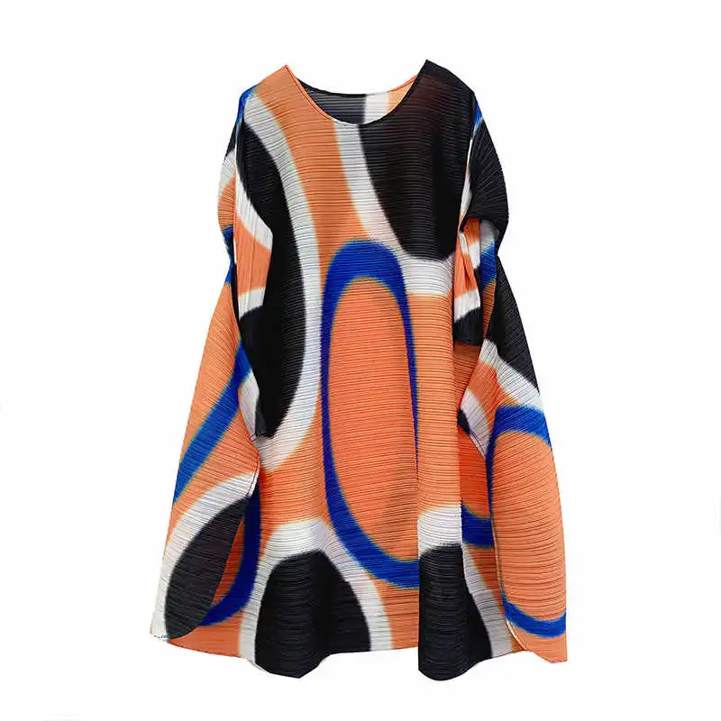 

LANMREM Women Printed Dress Plus Size Round Neck Three Quarter Sleeves Female Elegant Loose Casual Pleated Dresses Summer 2H239