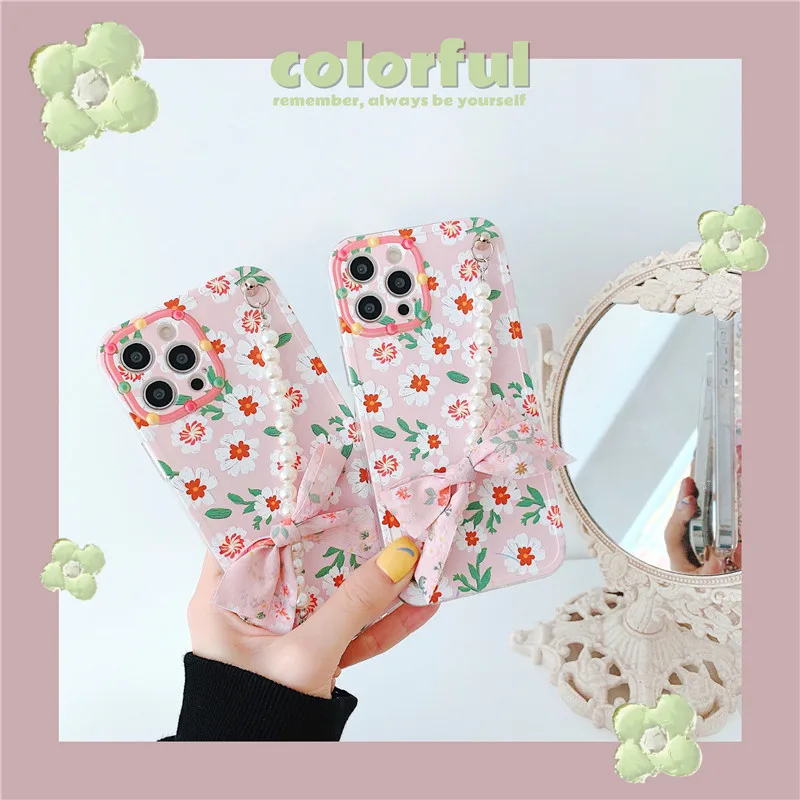 

Korea popular flower pearl hand chain phone case For Huawei P40 P30 Nova 7 6 5 Mate 40 30 Honor 30 pro girl gift Bowknot cover