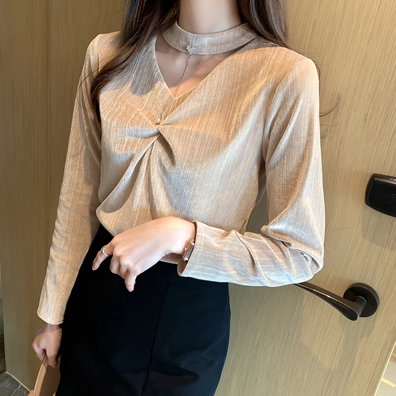

Women's Shirt Vintage Folds Blouses Women Fashion Solid Long Sleeve Top Women V-neck Blouse Tops Female 2021 Woman Basic Shirts