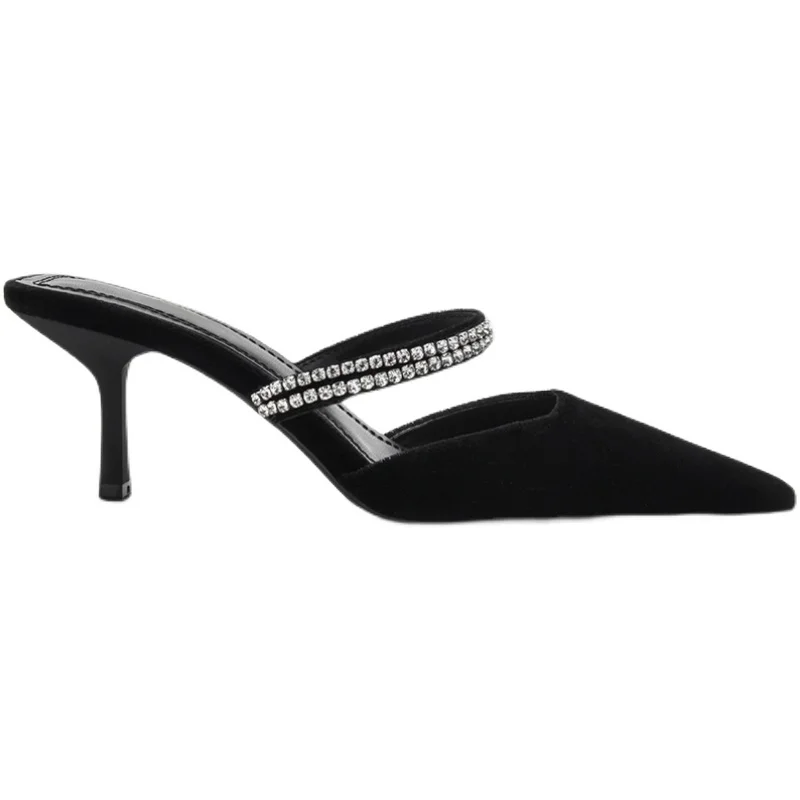 

Pointed Toe Shoes Glitter Slides Slippers Heels Mules For Women 2021 Flock Beige Heeled Sandals Jelly High Black Thin Velvet Pum