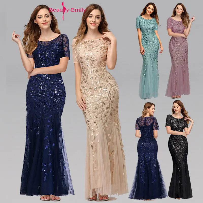 

Beauty-Emily 2019 HOT Sale Tulle Mermaid Evening Dresses Long Short Sleeve Tiered Hems Prom Gowns Pleated Vestido de noche