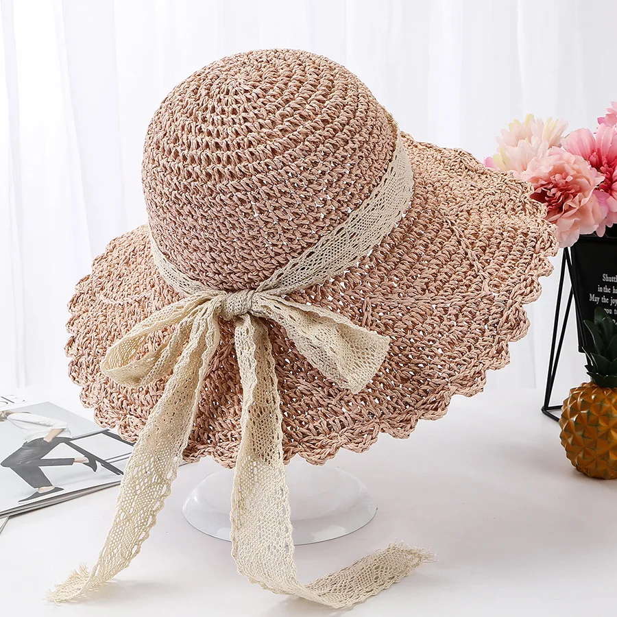 

Beach Caps Panama Women Sun Hat Large Brim Straw Outdoor Hat Bucket cap Ribbon Flat top Straw Hats