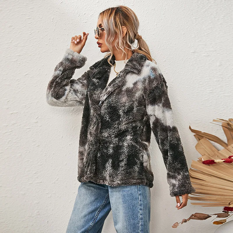 

Mandylandy Autumn and Winter Fashion Plush Coat Women's Casual Tie-Dye Print Long Sleeve Zipper Turn-down Collar Warm Jacket