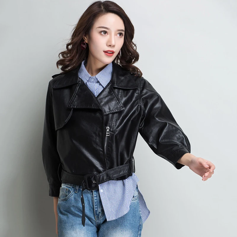 Куртка женская короткая из экокожи с отложным воротником на осень|Кожаные