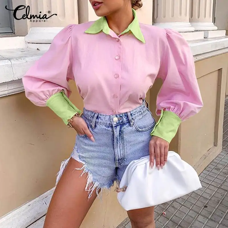 

Модные цветные рубашки Celmia, Женская шикарная туника с пышными рукавами, осень 2022, топы на пуговицах с лацканами, повседневные свободные женс...
