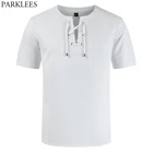 Для мужчин s из хлопка и льна рубашка шотландский Jacobite Маскировочный килт рубашка Для мужчин с v-образным вырезом на шнуровке Блуза Топ легкий дышащий материал Chemise Homme