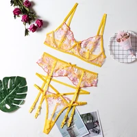 erotic lingerie sexy embroidery lace underwear set women bra and thong garters sets yellow push up bra brief womens underwear
