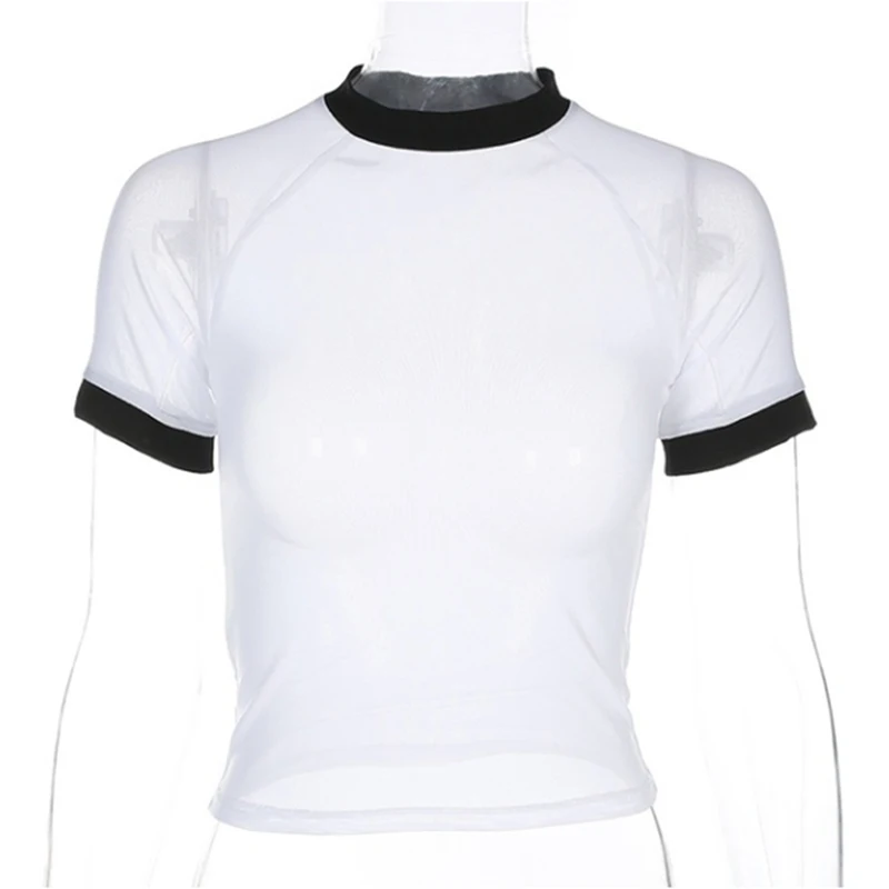 Женский топ из прозрачной сетки с коротким рукавом высоким воротом прозрачный