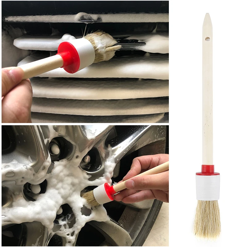 

Car Wash Brush Cleaning Round Head Wood Handle Beige Faux Bristle Wheel Brush For Dash Trim Seats Car Cleaning Tools Auto