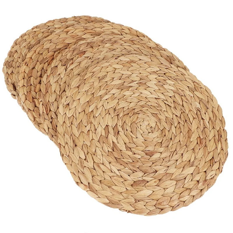 

Hand-Woven Natural Water Hyacinth Woven Placemat Round Woven Rattan Placemat 4Pc