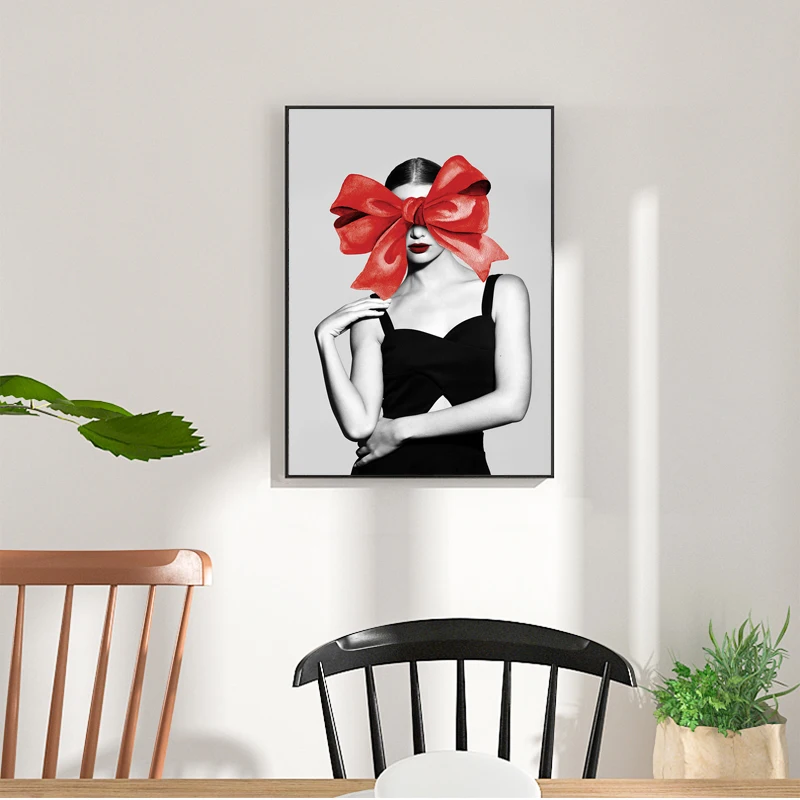 

Modern Woman Canvas Painting Wall Art Print Elegant Girl with Bowknot Wall Poster for Living Room Bedroom Wall Pictures Decor