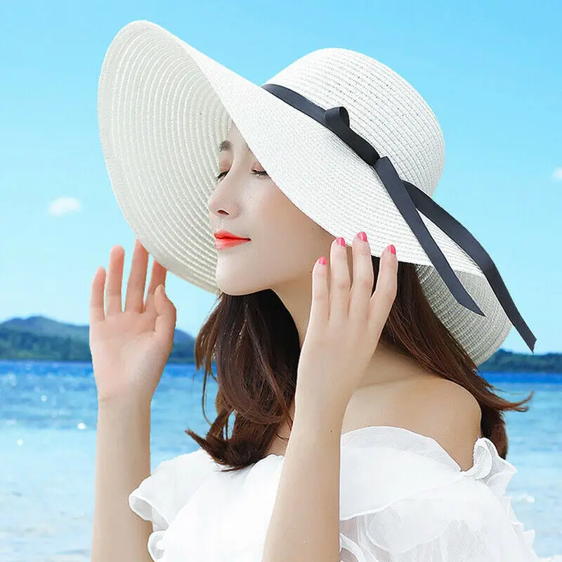 

Women Sun Foldable Cap Big Wide Brim Straw Hat Floppy Beach Summer Panama Straw